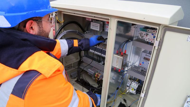 Elektricien met helm keurt een geopende elektrische verdeelkast