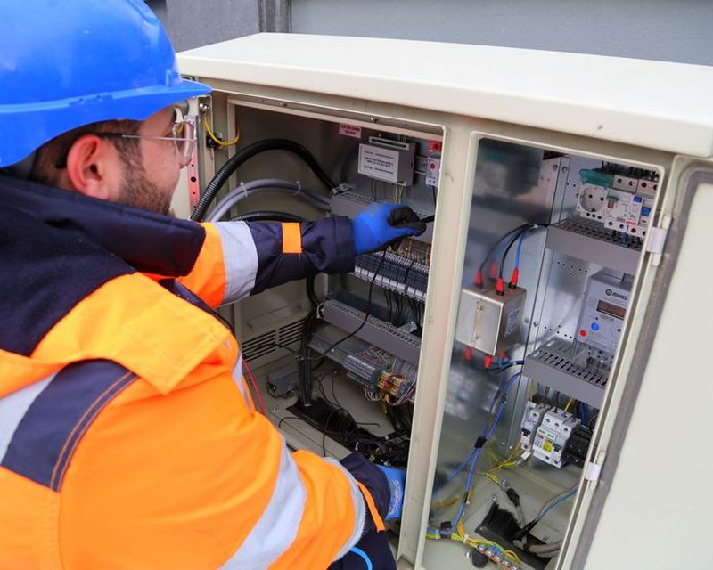 Elektricien met helm keurt een geopende elektrische verdeelkast