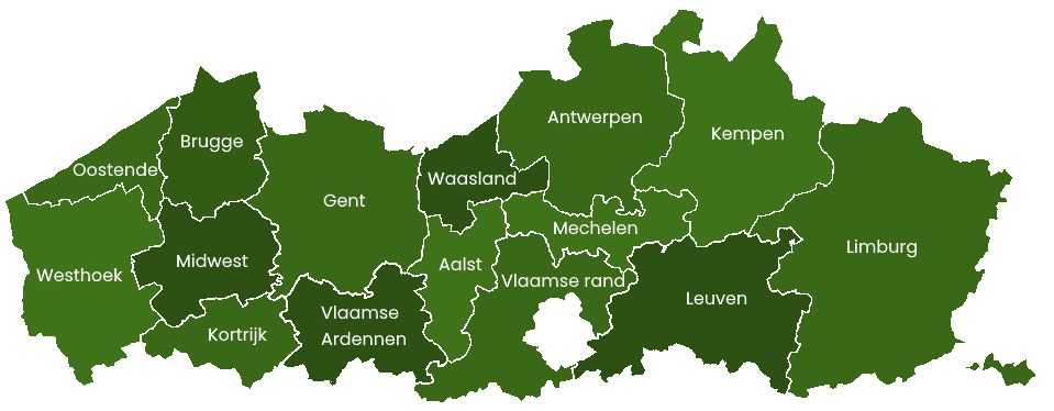 Kaart van Vlaanderen met alle regio's waar we keuren: Westhoek, Oostende, Brugge, Midwest, Kortrijk, Gent, Vlaamse Ardennen, Waasland, Aalst, Antwerpen, Mechelen, Vlaamse rand, Leuven, Kempen en Limburg